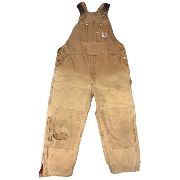 VTG Carhartt Insulated Double Knee Bib Overalls 44x30 R02 BRN‎ Made USA Thrashed - Picture 1 of 16